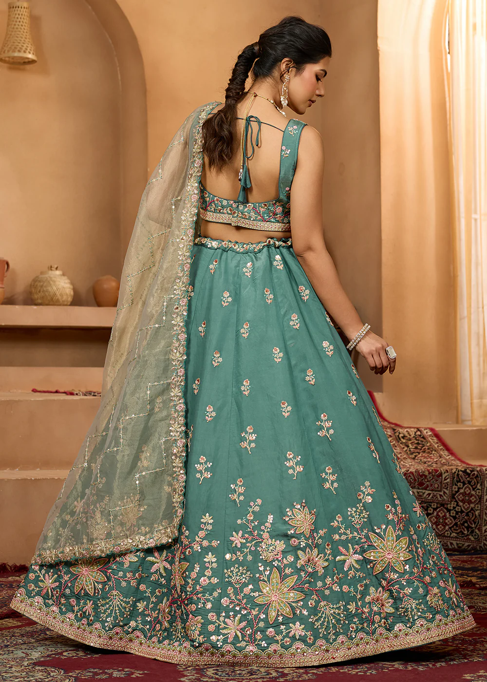 Green Georgette Wedding Embroidered Lehenga Choli - Image 3