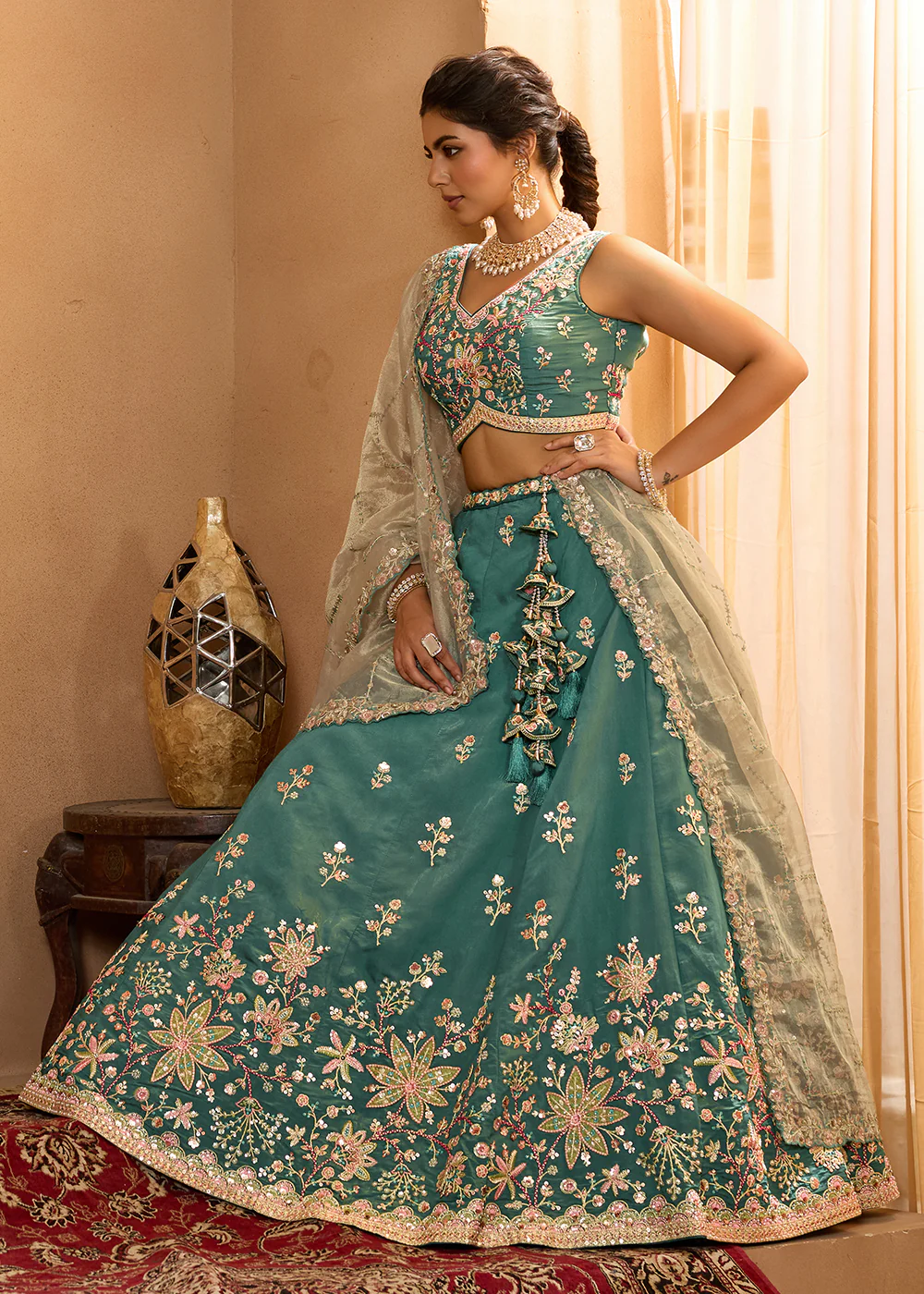 Green Georgette Wedding Embroidered Lehenga Choli - Image 4