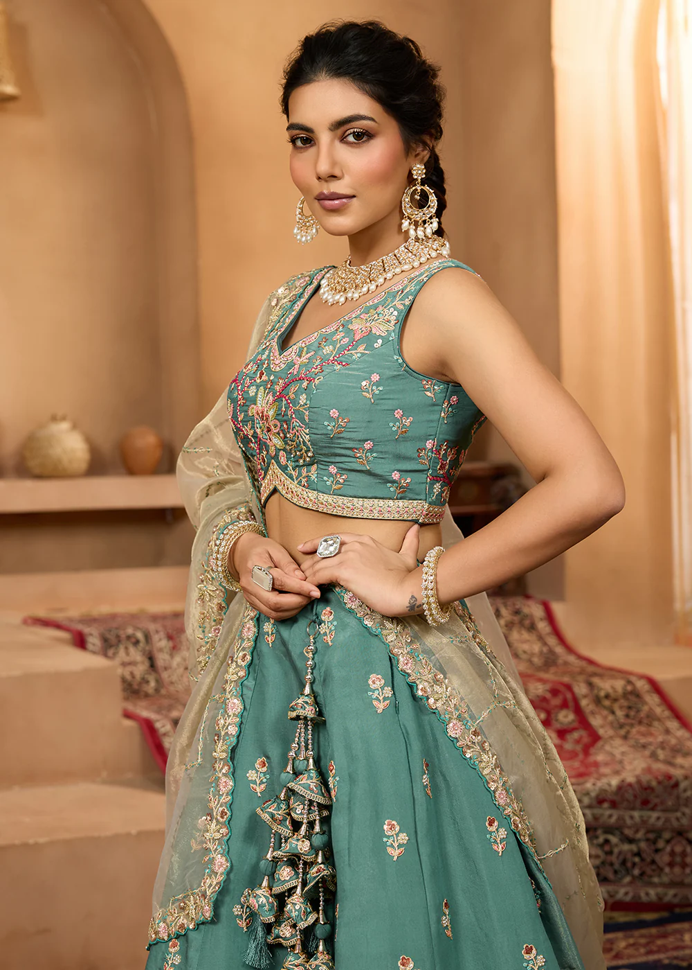 Green Georgette Wedding Embroidered Lehenga Choli - Image 5