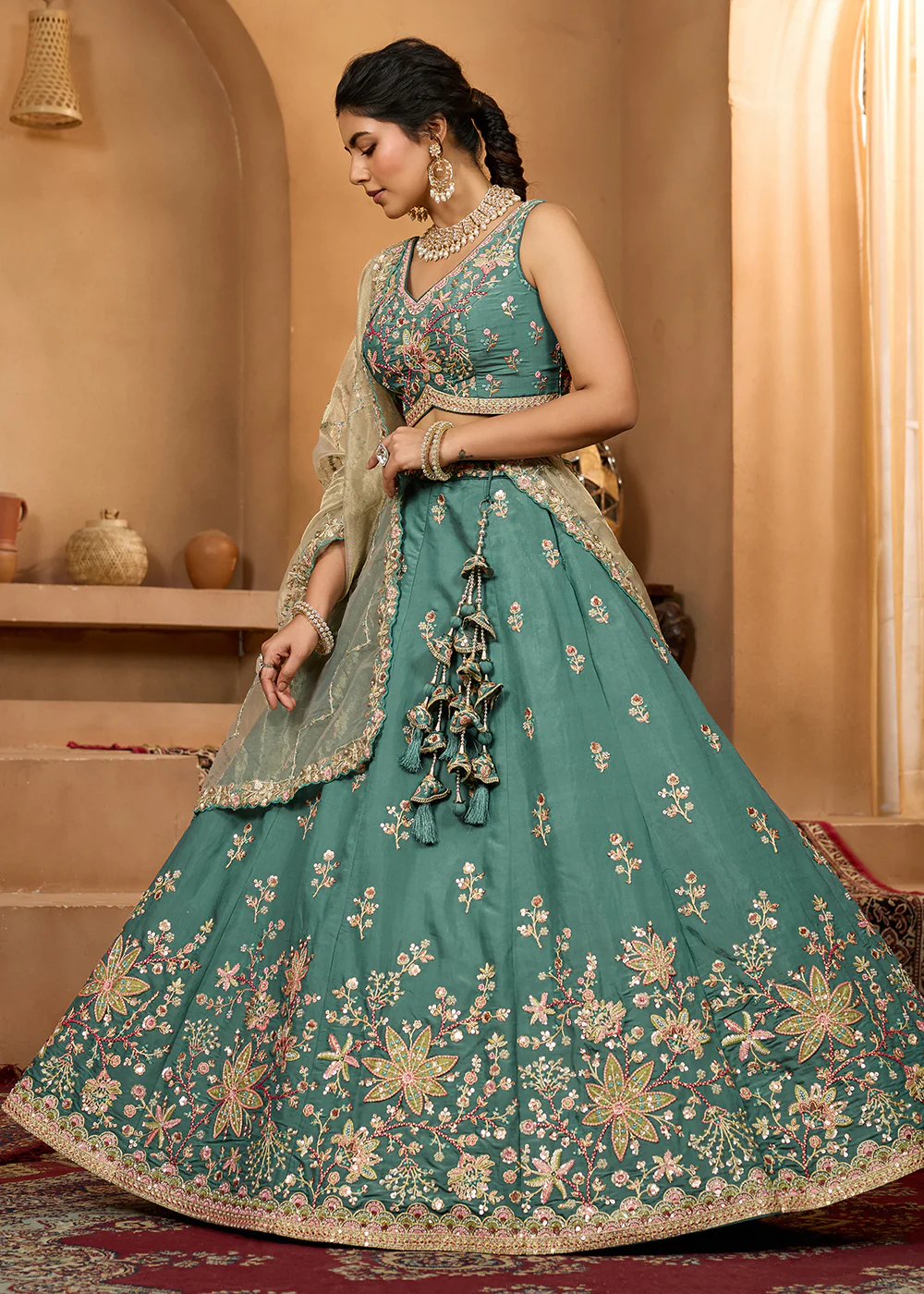 Green Georgette Wedding Embroidered Lehenga Choli - Image 7