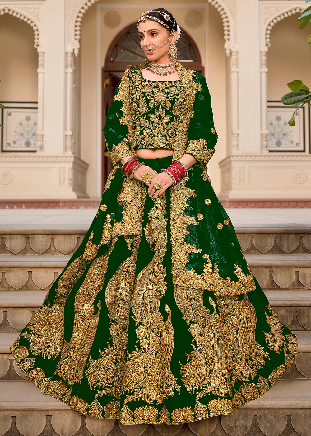 Green & Gold Embroidered Velvet Wedding Lehenga Choli