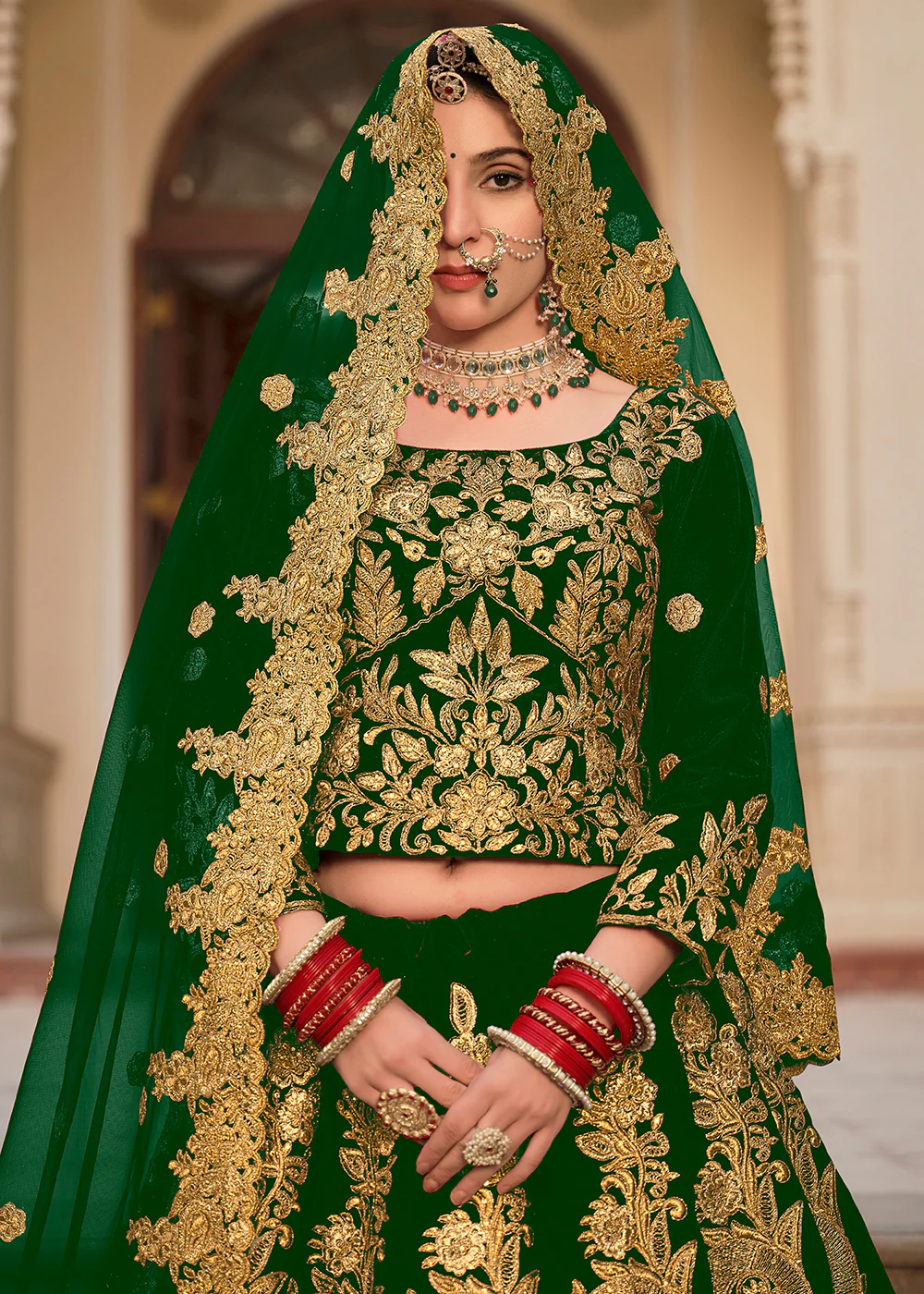 Green & Gold Embroidered Velvet Wedding Lehenga Choli - Image 2
