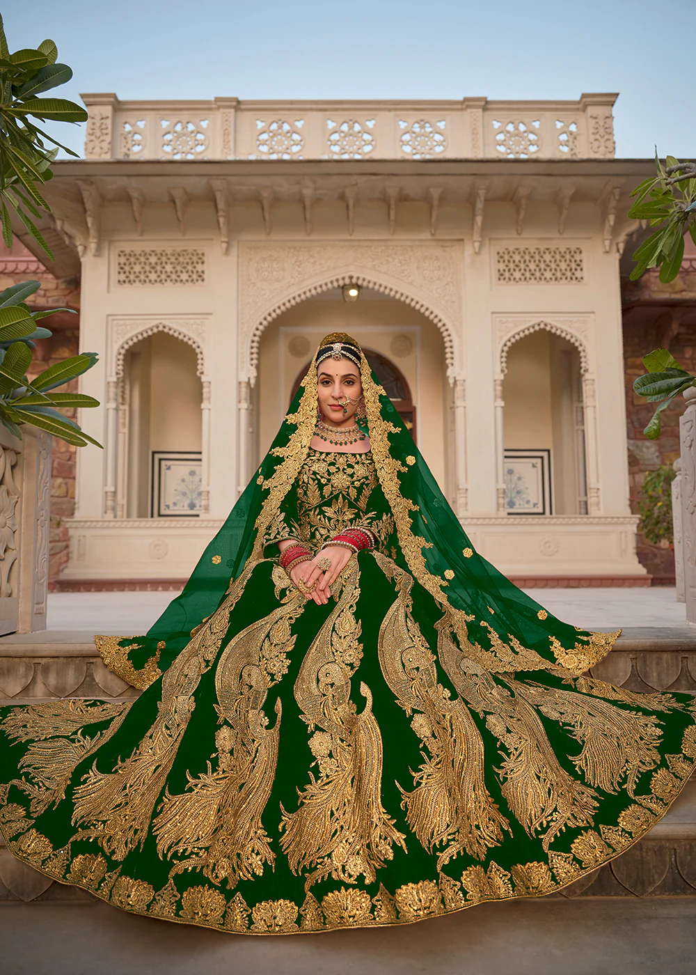 Green & Gold Embroidered Velvet Wedding Lehenga Choli - Image 3