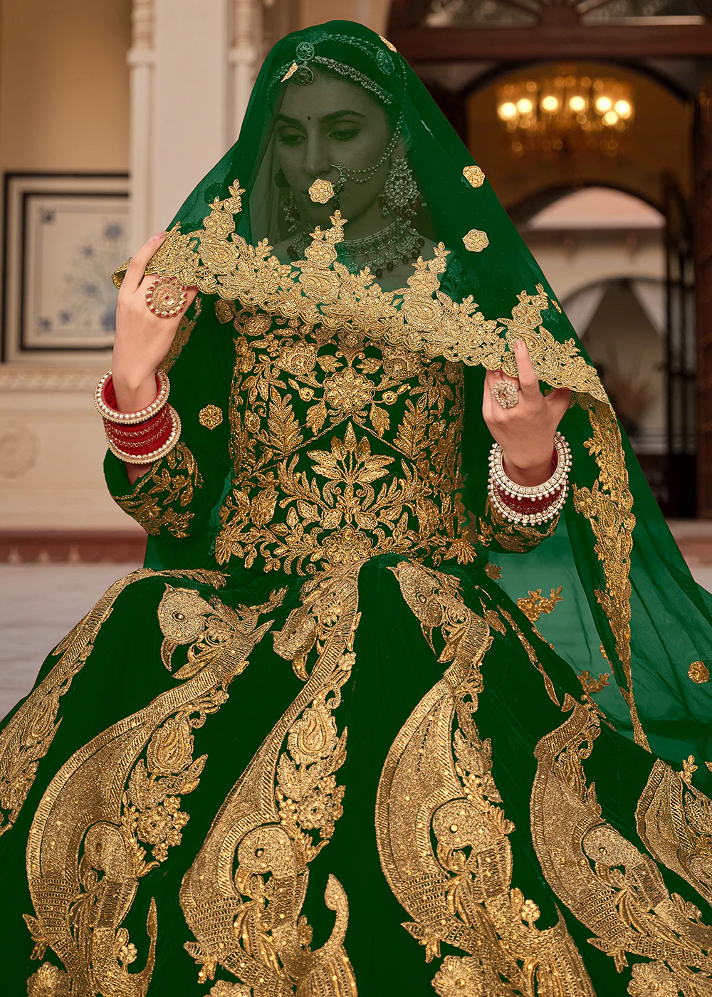 Green & Gold Embroidered Velvet Wedding Lehenga Choli - Image 4