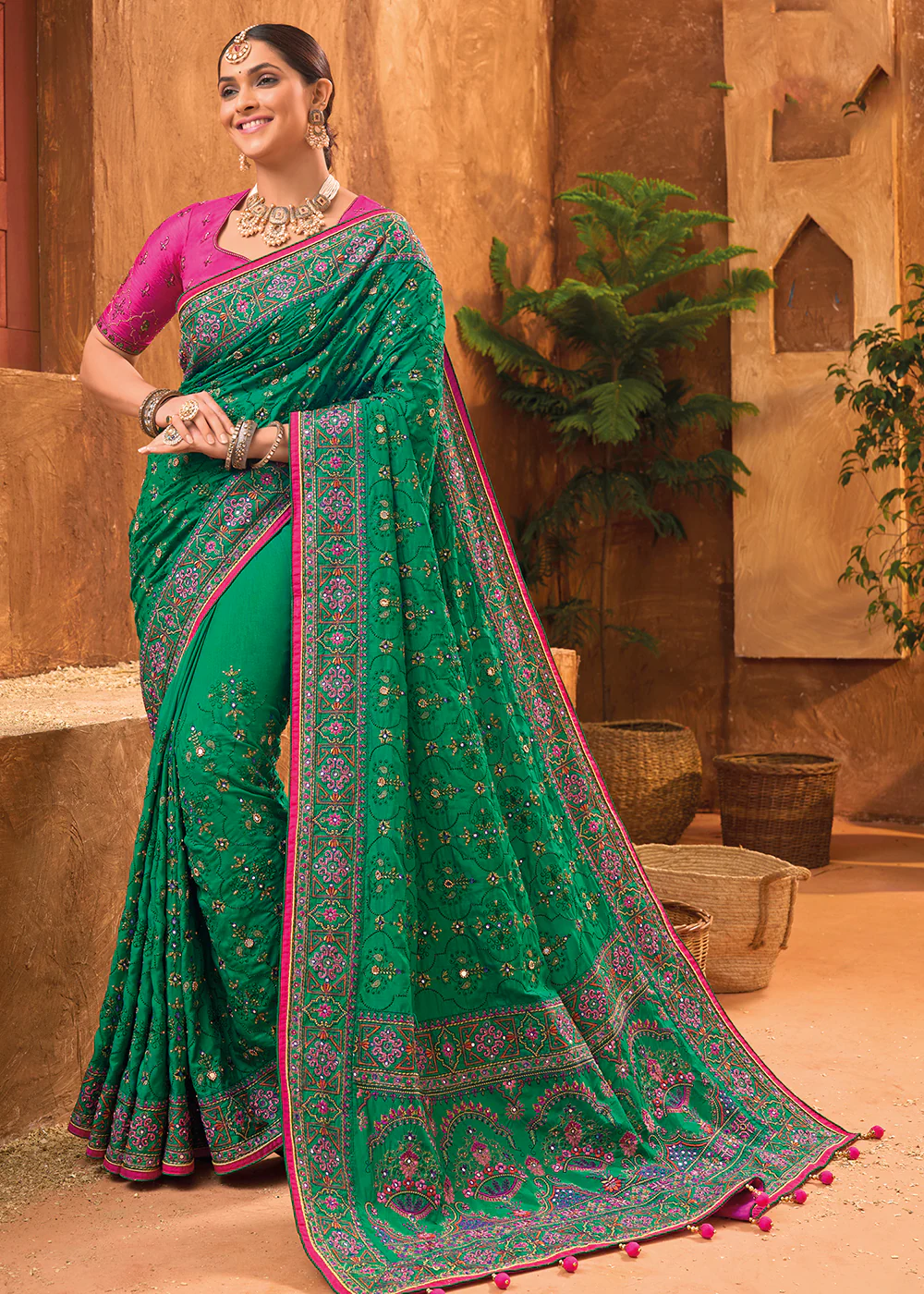Green Hand Work Embroidered Traditional Banarasi Silk Saree