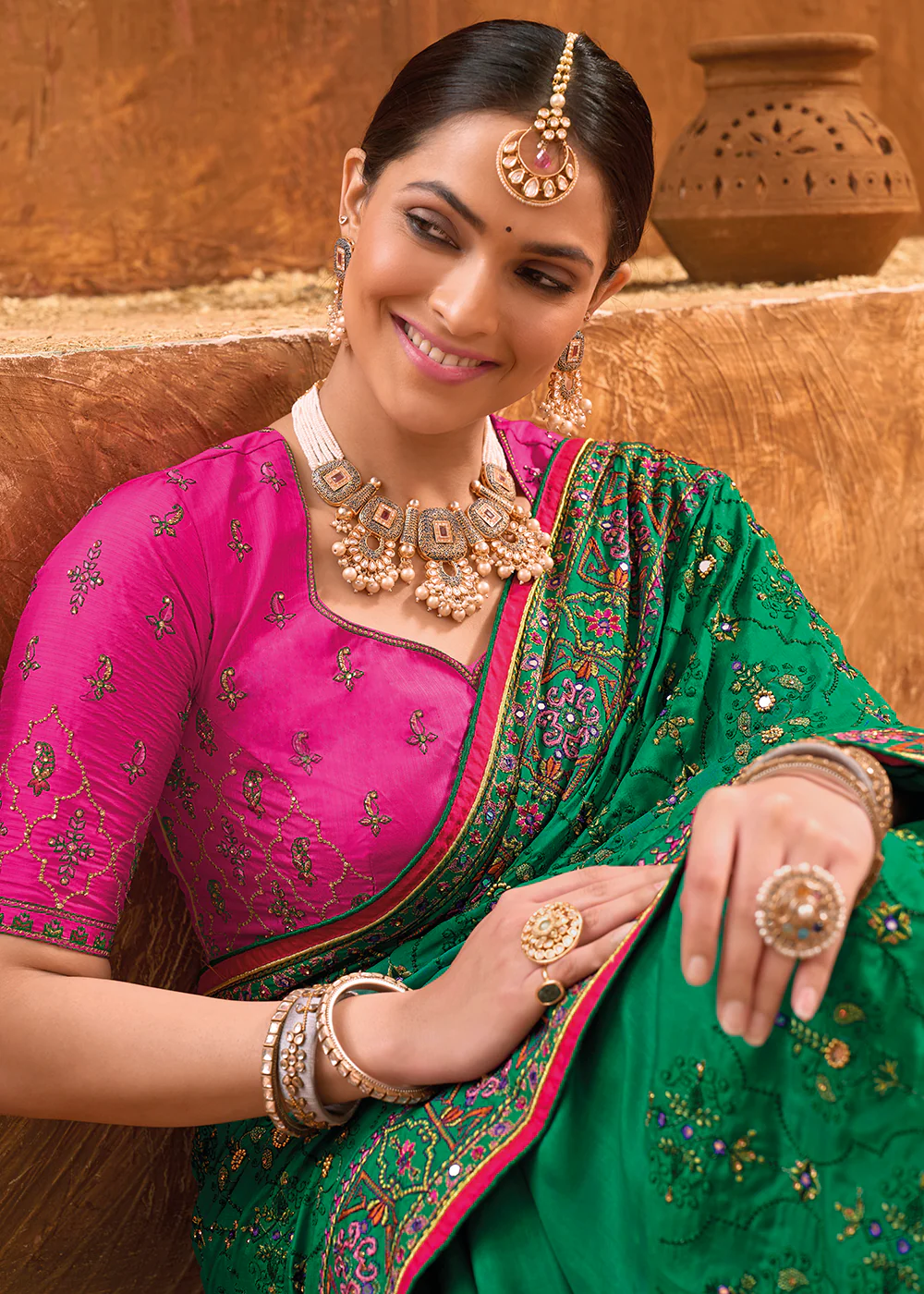 Green Hand Work Embroidered Traditional Banarasi Silk Saree - Image 2