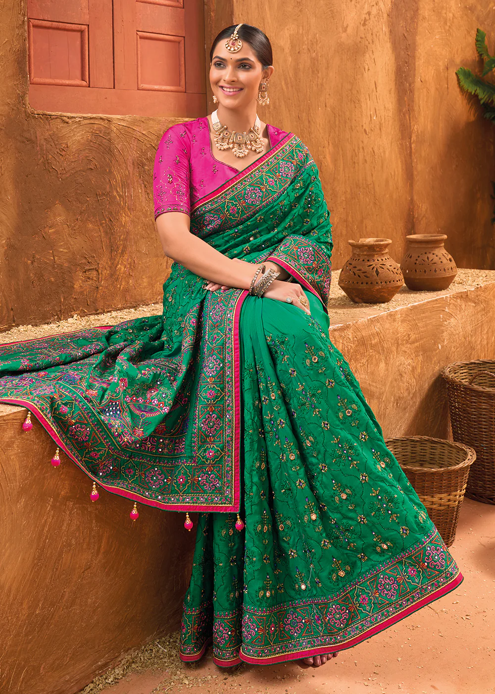 Green Hand Work Embroidered Traditional Banarasi Silk Saree - Image 4