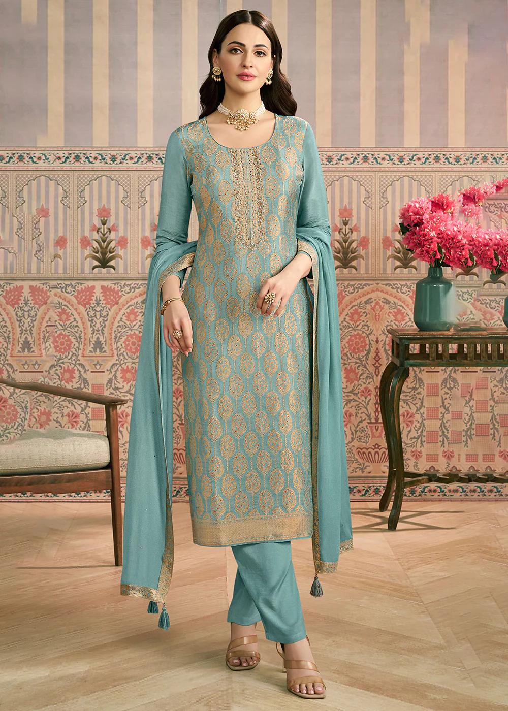 Green Handwork Shimmer Jacquard Festive Salwar Suit