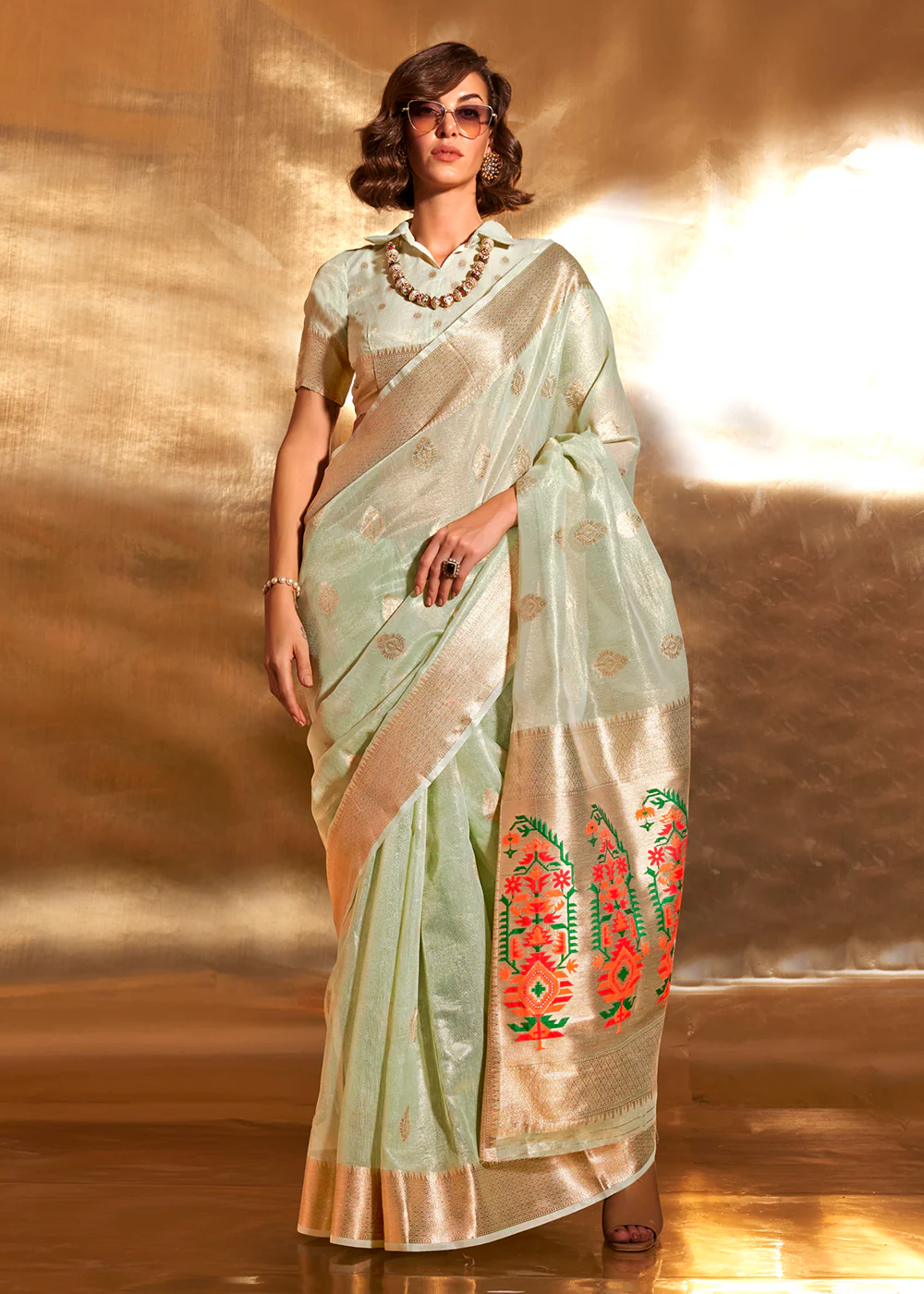 Green Handwoven Tissue Fabric Festive & Party Style Saree