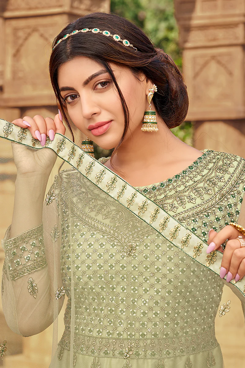 Green Heavy Butterfly Net Beautiful Anarkali Suit - Image 2