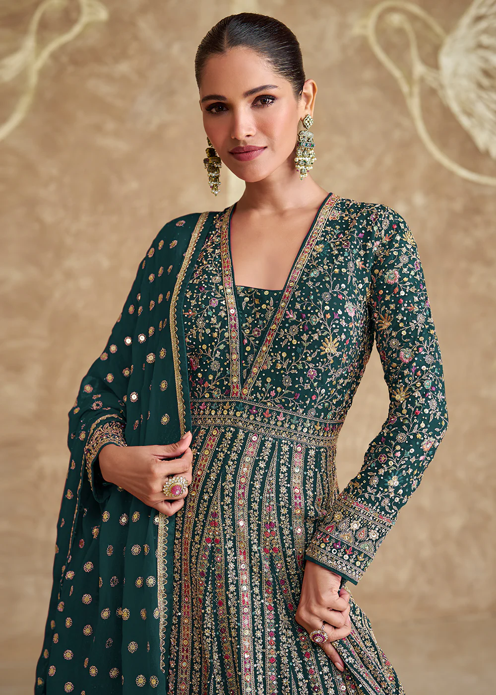 Green Heavy Embroidered Georgette Wedding Anarkali Gown - Image 2