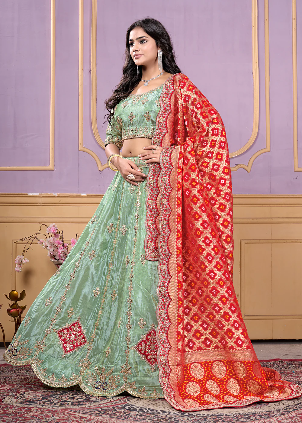 Green Heavy Embroidered Wedding Bridal Lehenga Choli - Image 4