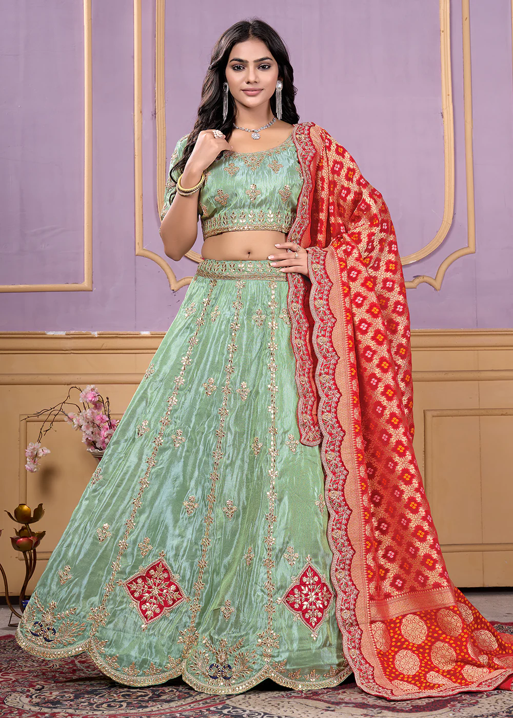 Green Heavy Embroidered Wedding Bridal Lehenga Choli - Image 5