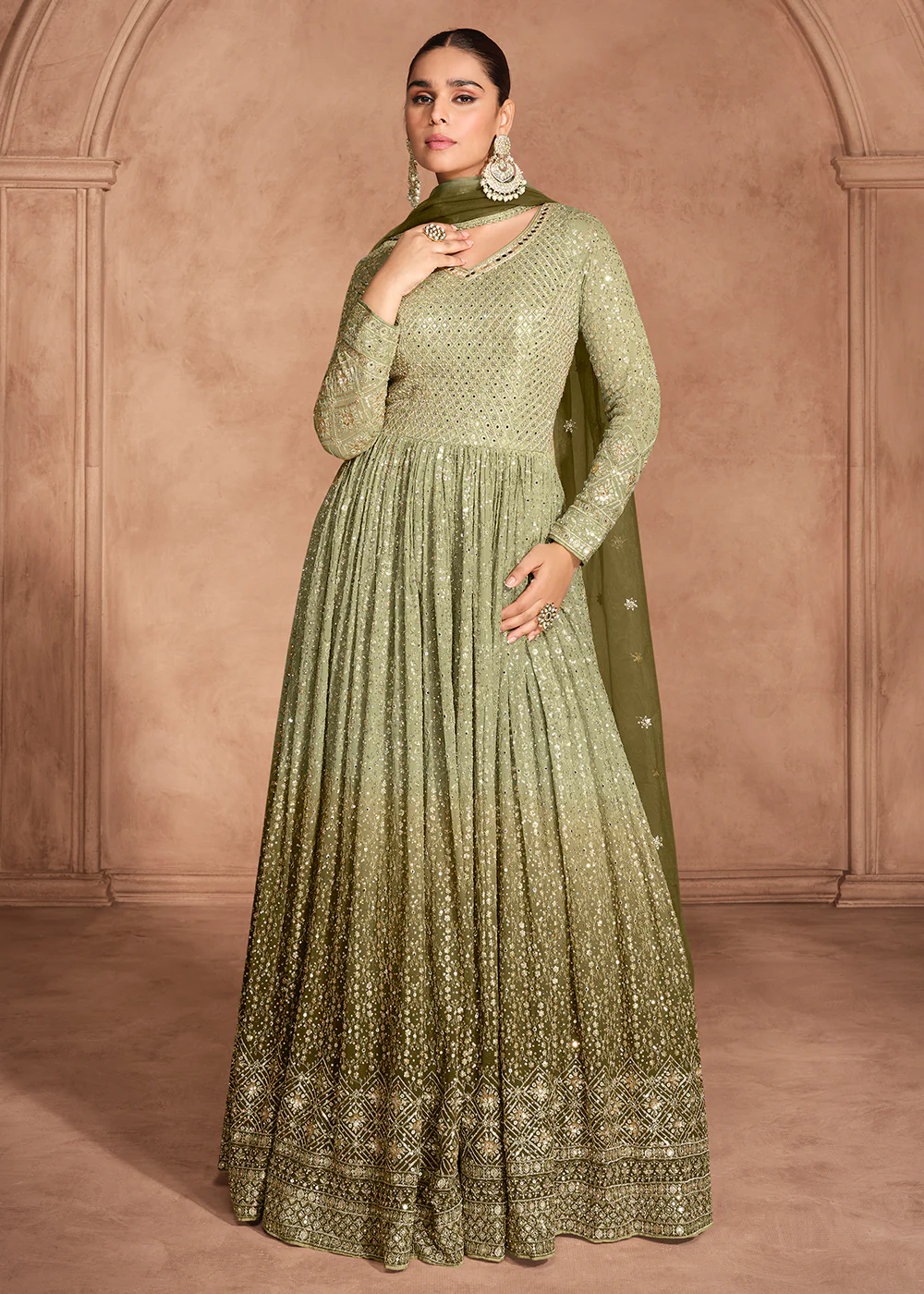 Green Heavy Sequins Embroidered Designer Anarkali Gown