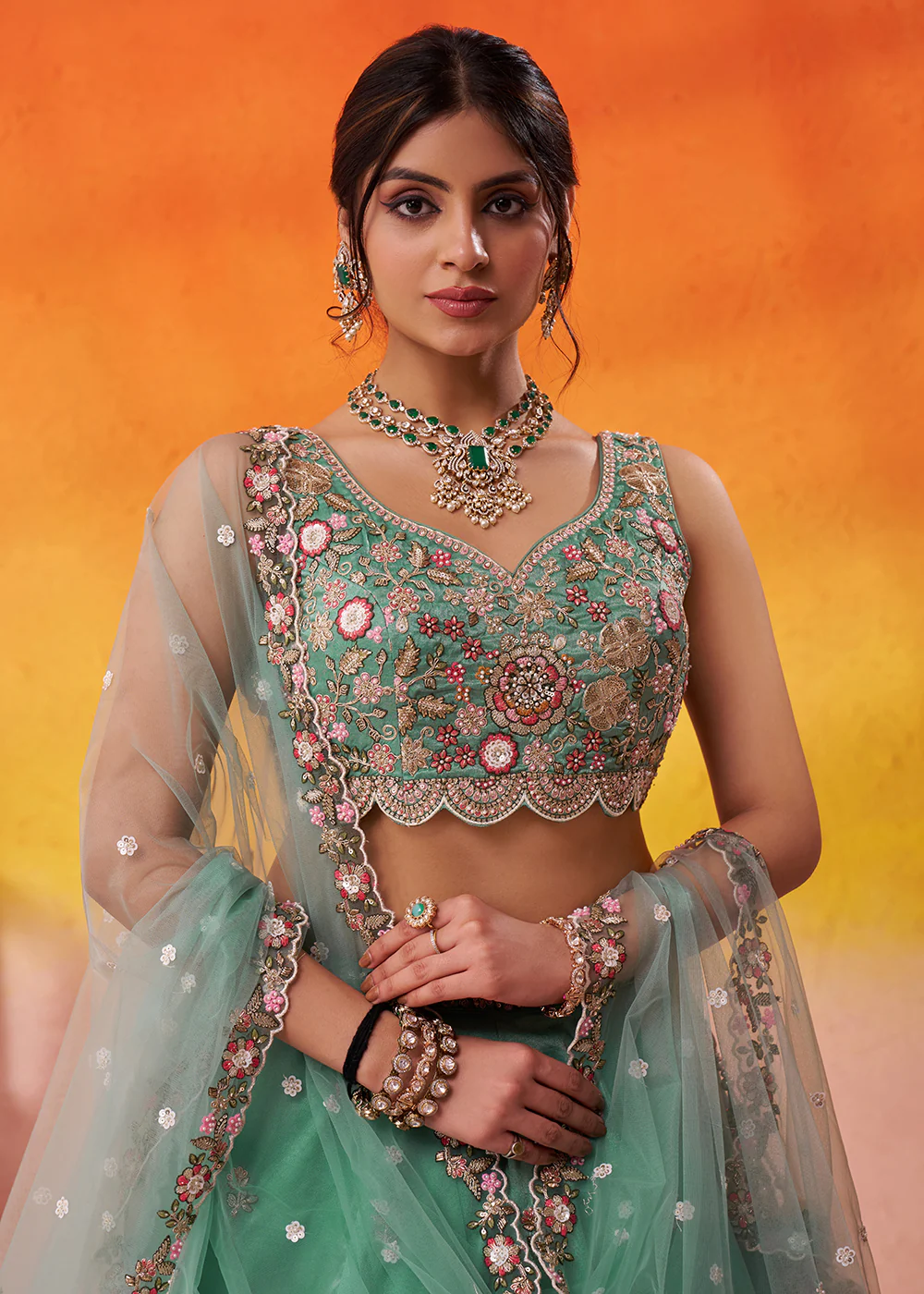 Green Heavy Tissue Pre Wedding Party Lehenga Choli - Image 2