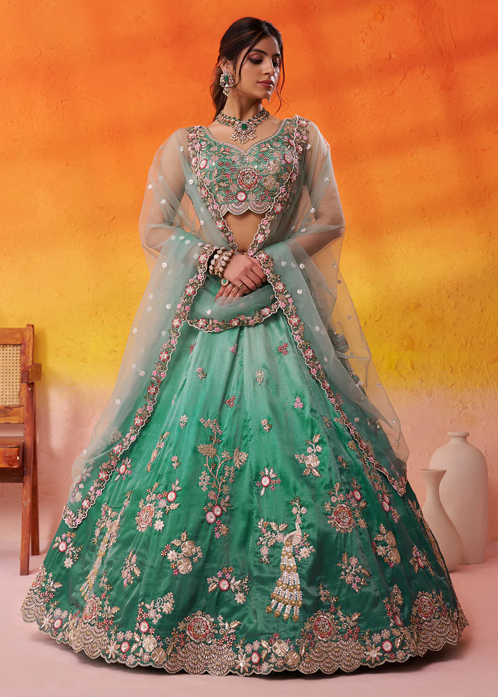 Green Heavy Tissue Pre Wedding Party Lehenga Choli - Image 4