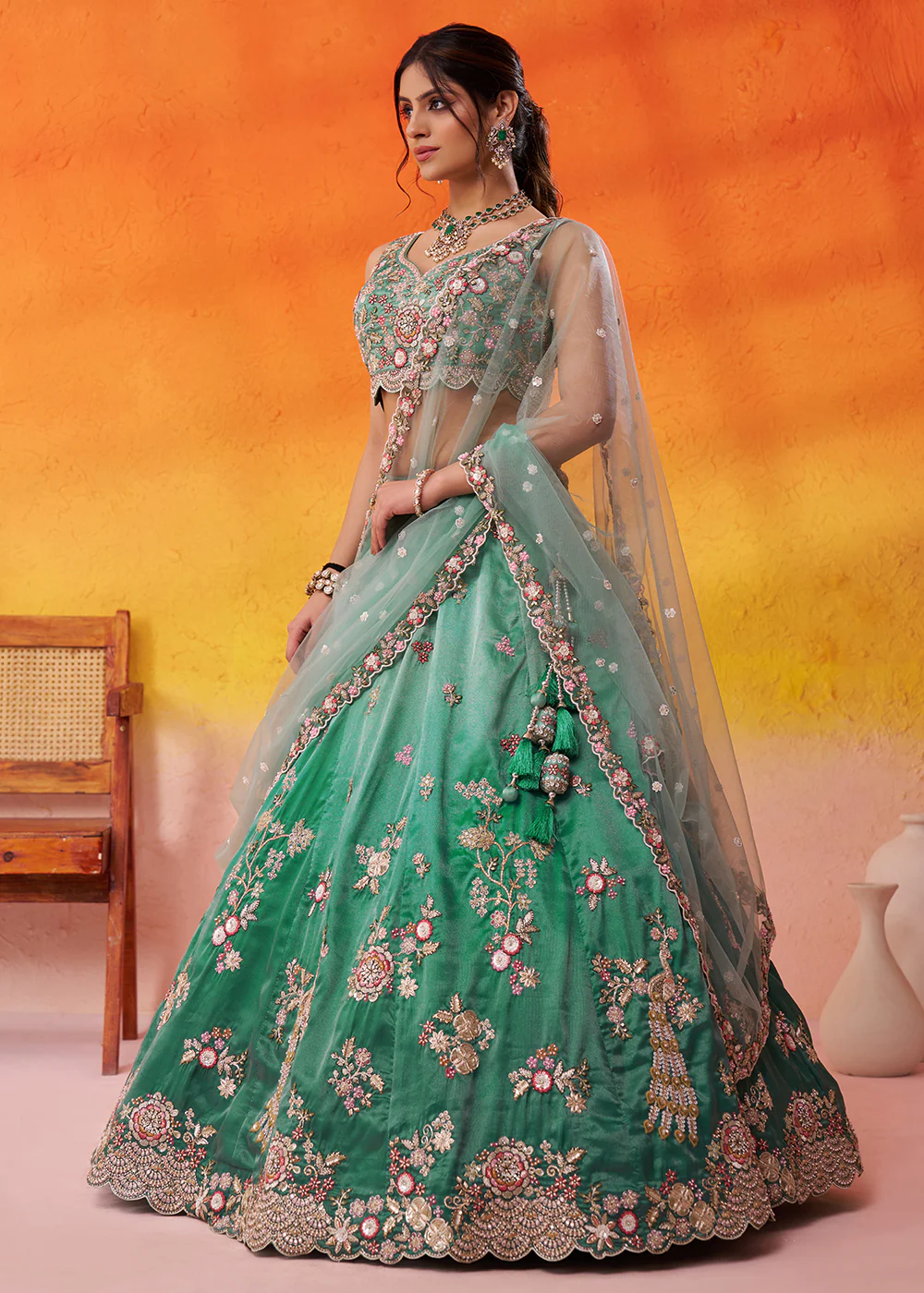Green Heavy Tissue Pre Wedding Party Lehenga Choli - Image 5