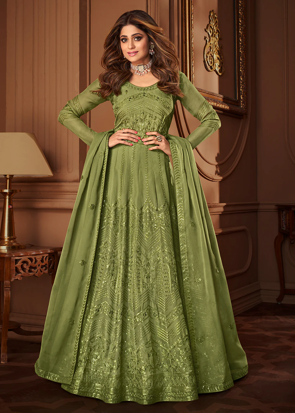 Green Indian Embroidered Shamita Shetty Anarkali Suit