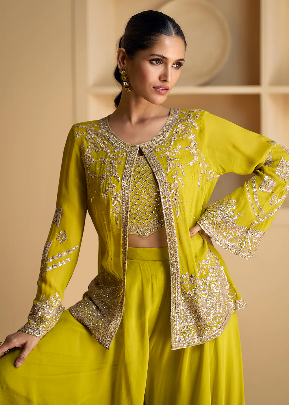 Green Jacket Style Embroidered Indo Western Palazzo Suit - Image 2