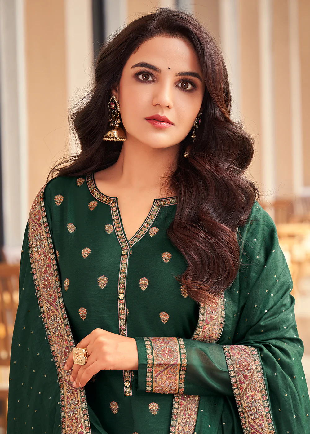 Green Jacquard Embordered Festive Pant Salwar Suit - Image 2