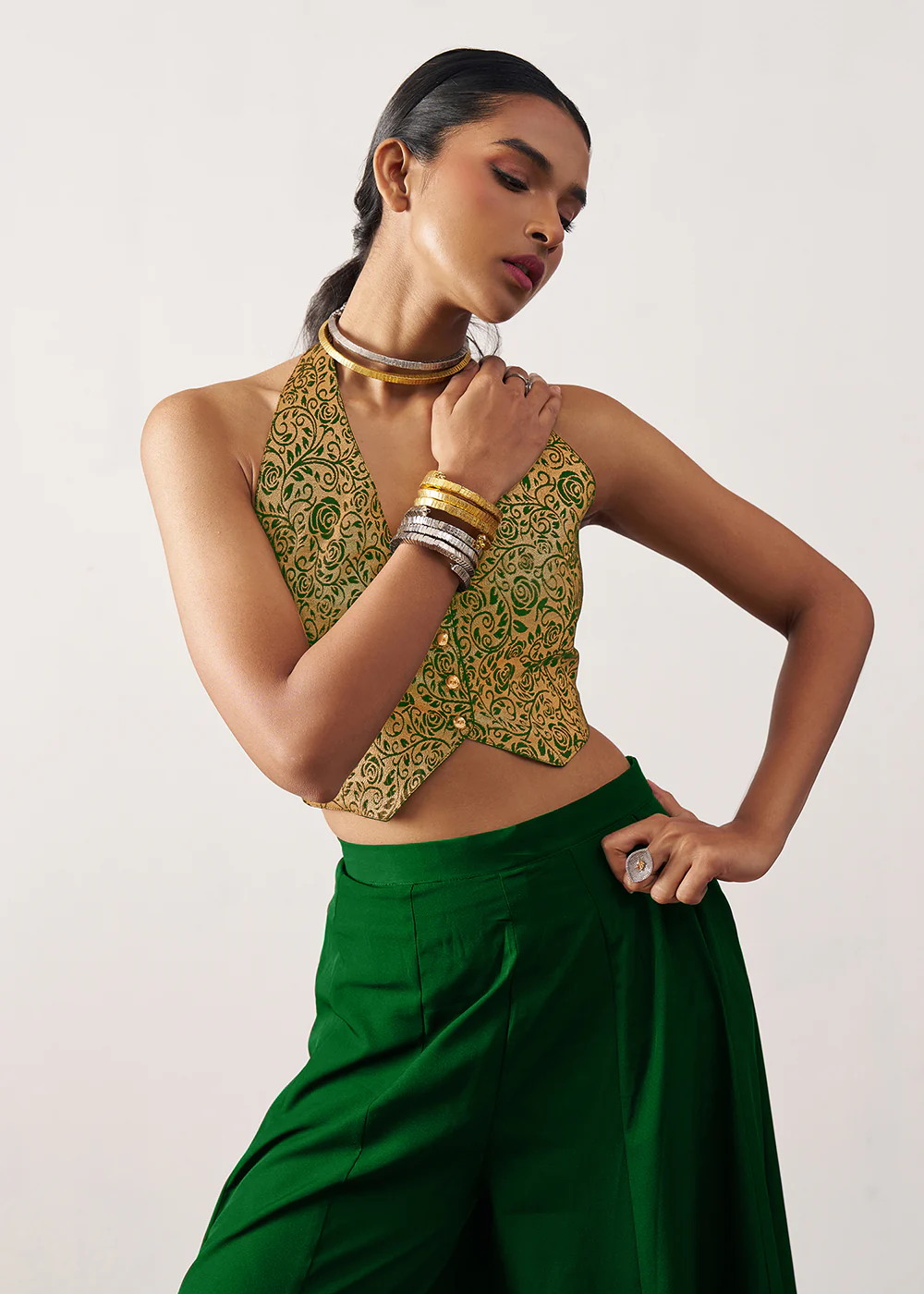 Green Jacquard Waistcoat Style Indo Western Skirt Suit - Image 2