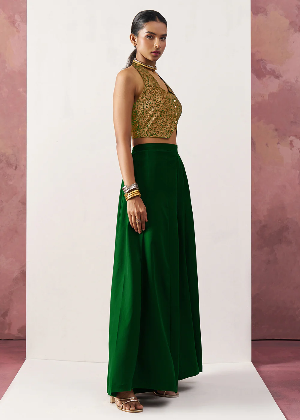 Green Jacquard Waistcoat Style Indo Western Skirt Suit - Image 5