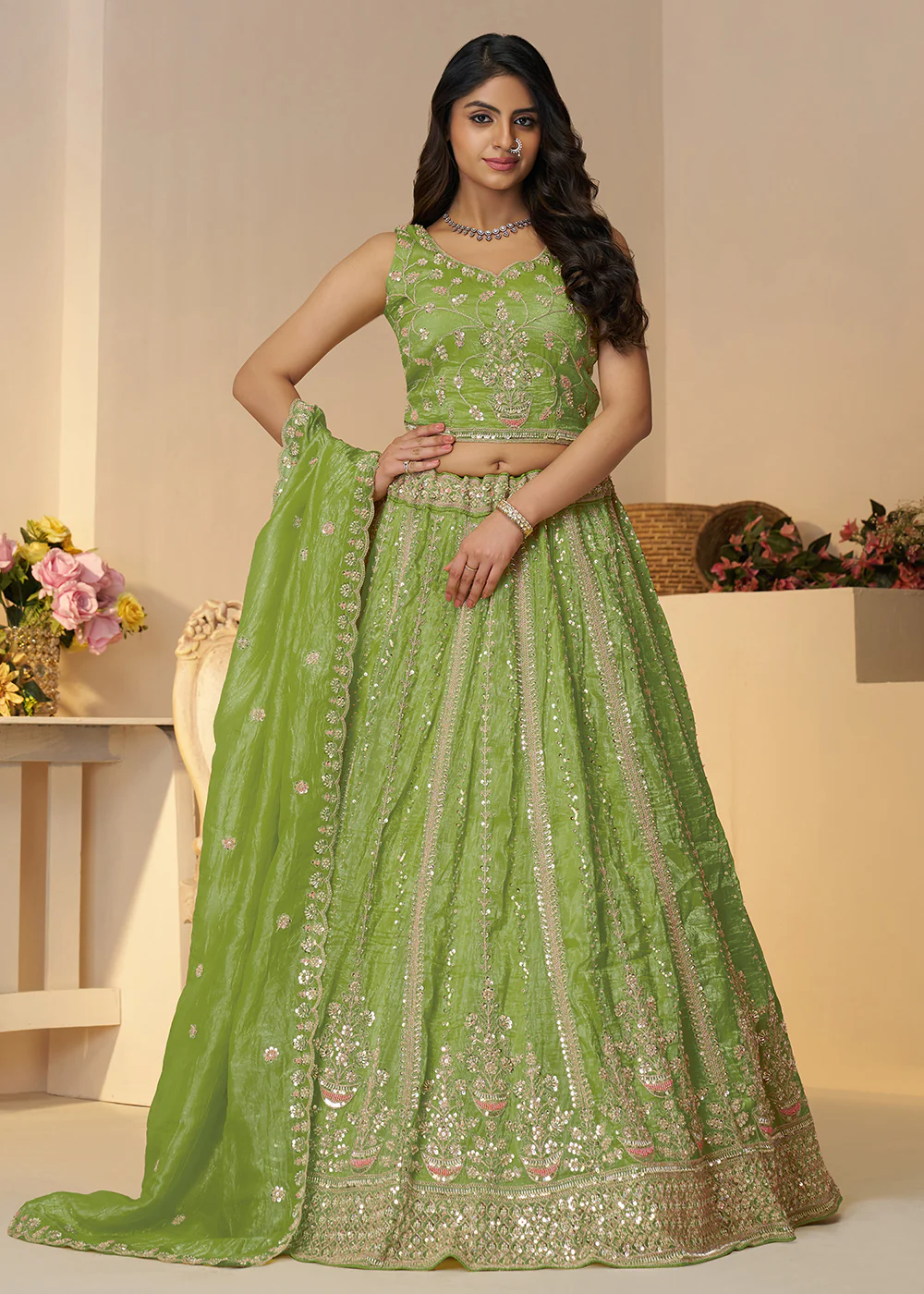 Green Jimmy Choo Material Wedding Festive Lehenga Choli