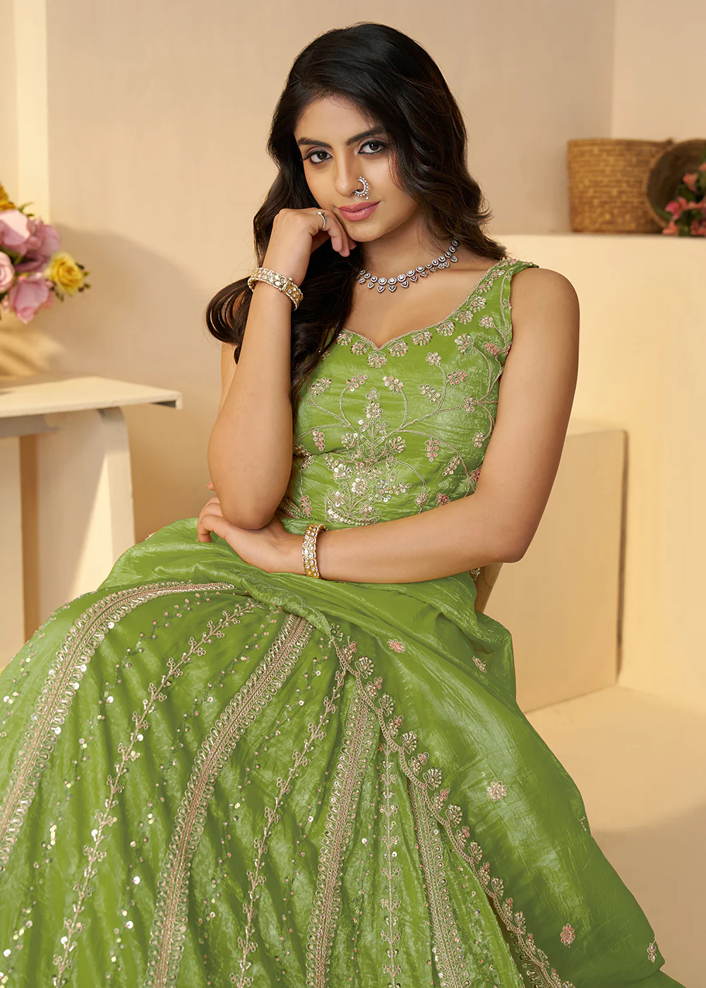 Green Jimmy Choo Material Wedding Festive Lehenga Choli - Image 2