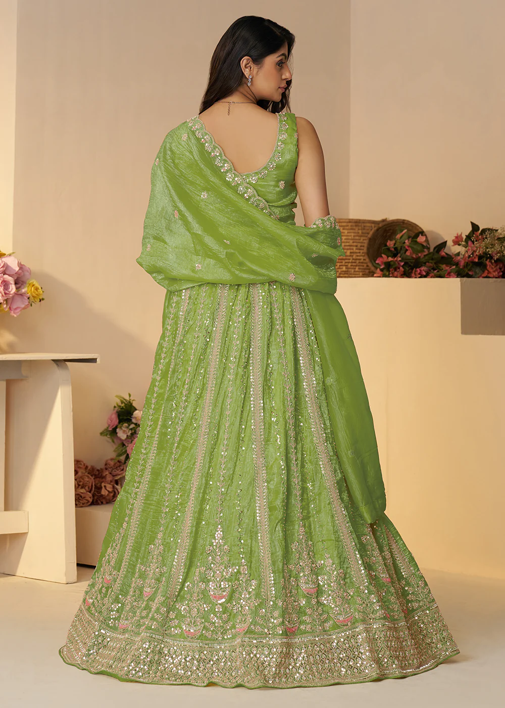 Green Jimmy Choo Material Wedding Festive Lehenga Choli - Image 3