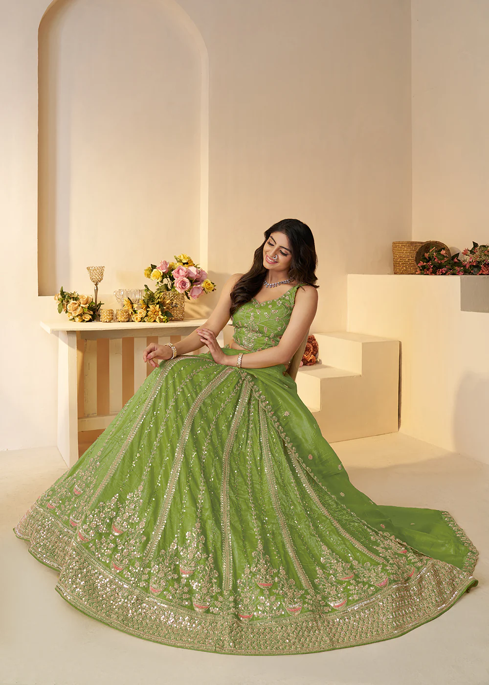 Green Jimmy Choo Material Wedding Festive Lehenga Choli - Image 4