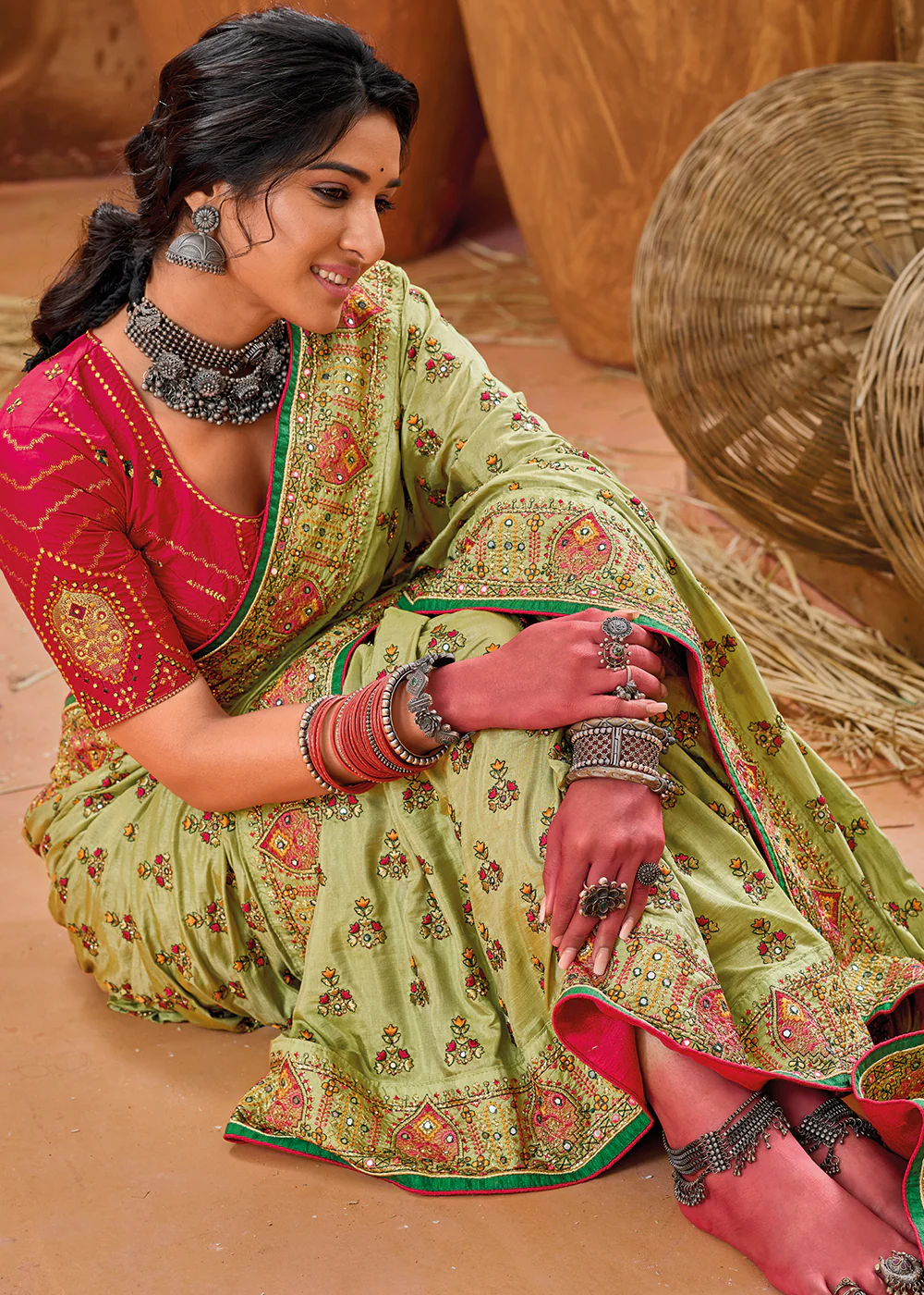 Green Kachhi & Mirror Work Traditional Banarasi Saree - Image 2