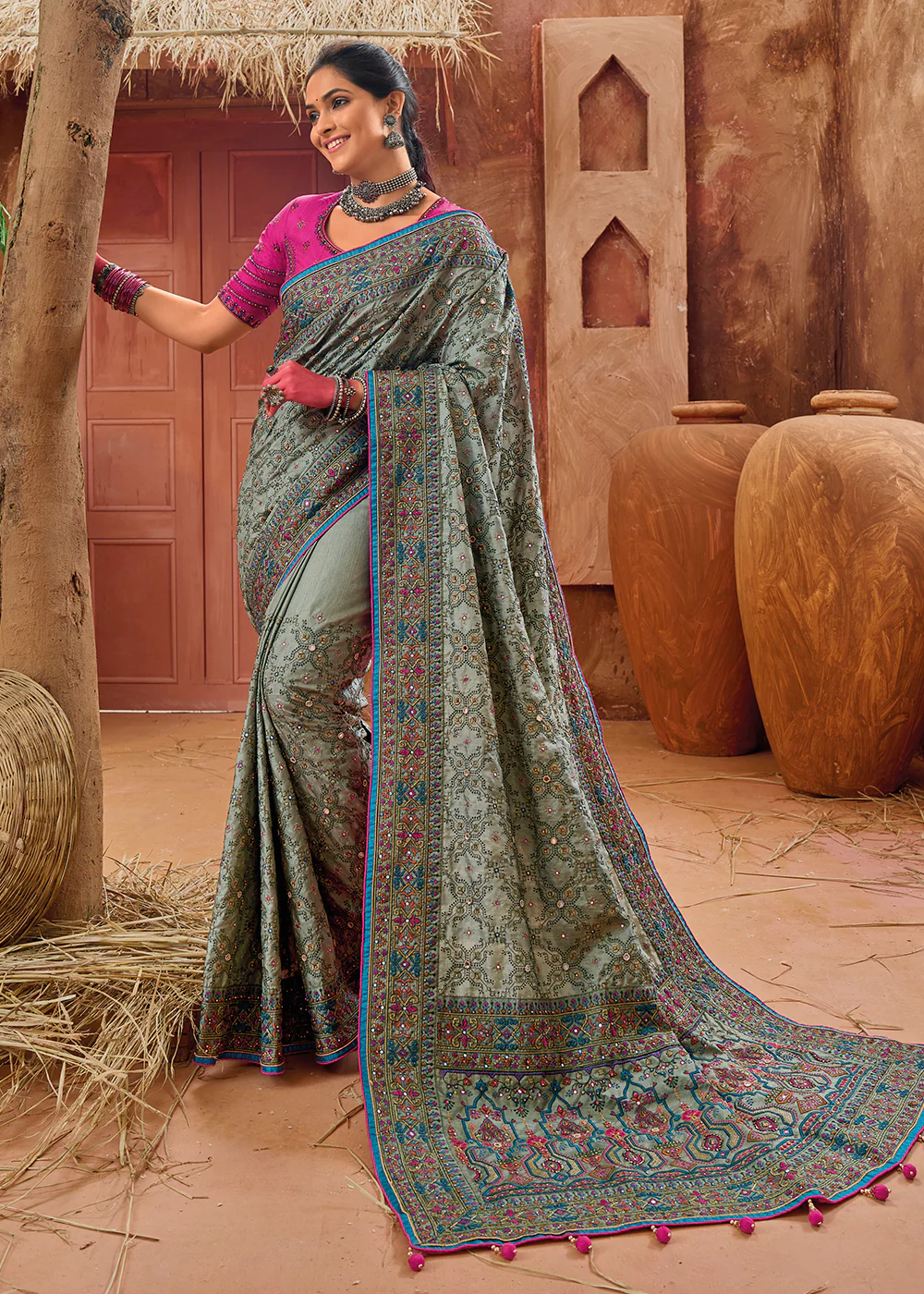 Green Kachhi Work Embroidered Traditional Banarasi Saree