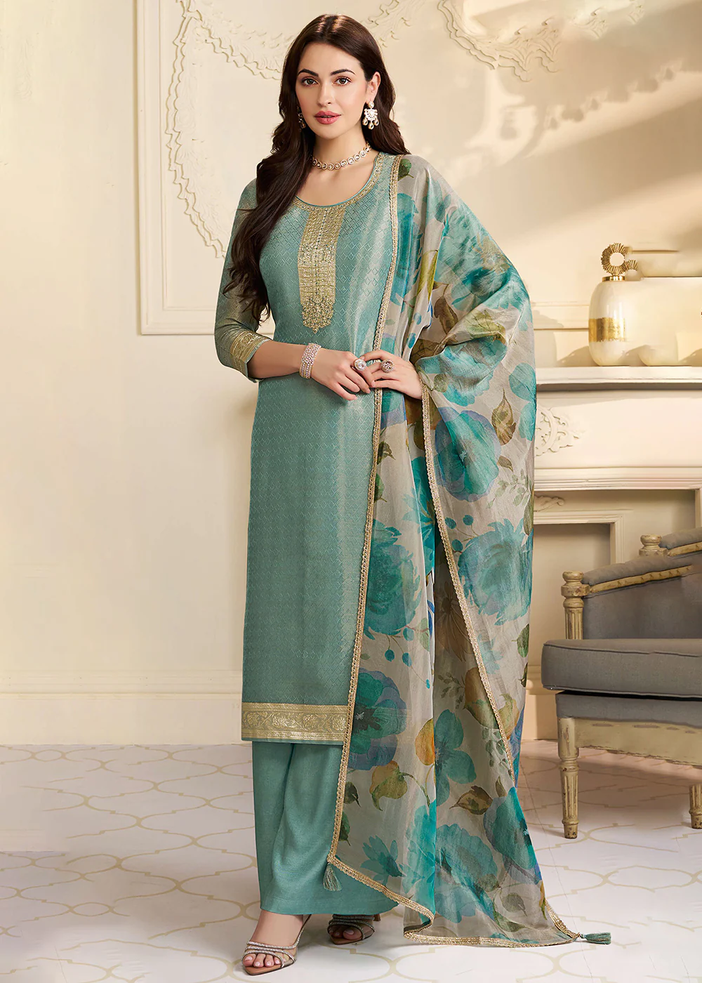 Green Kanchipuram Silk Embroidered Pant Style Suit