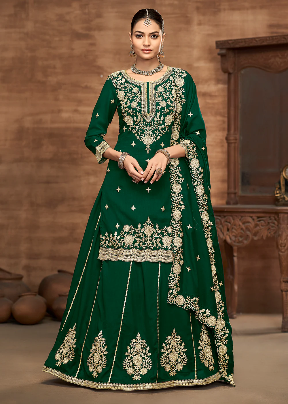 Green Kurti Style Embroidered Silk Lehenga Style Suit