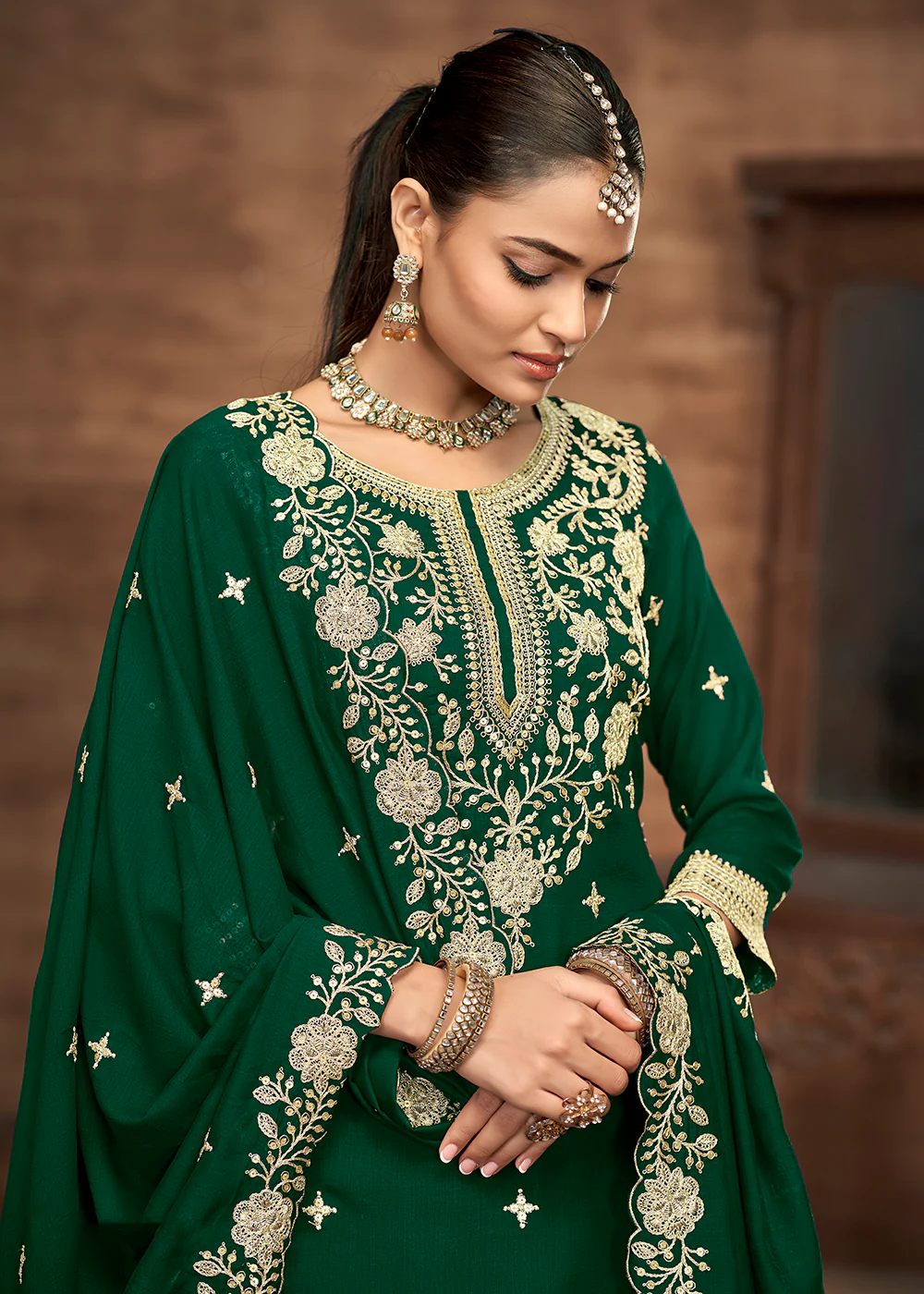 Green Kurti Style Embroidered Silk Lehenga Style Suit - Image 2