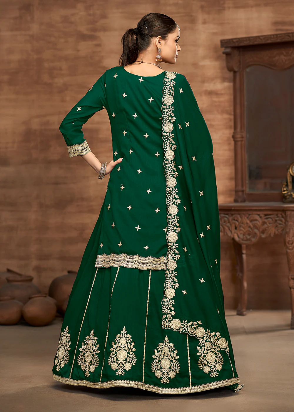 Green Kurti Style Embroidered Silk Lehenga Style Suit - Image 3