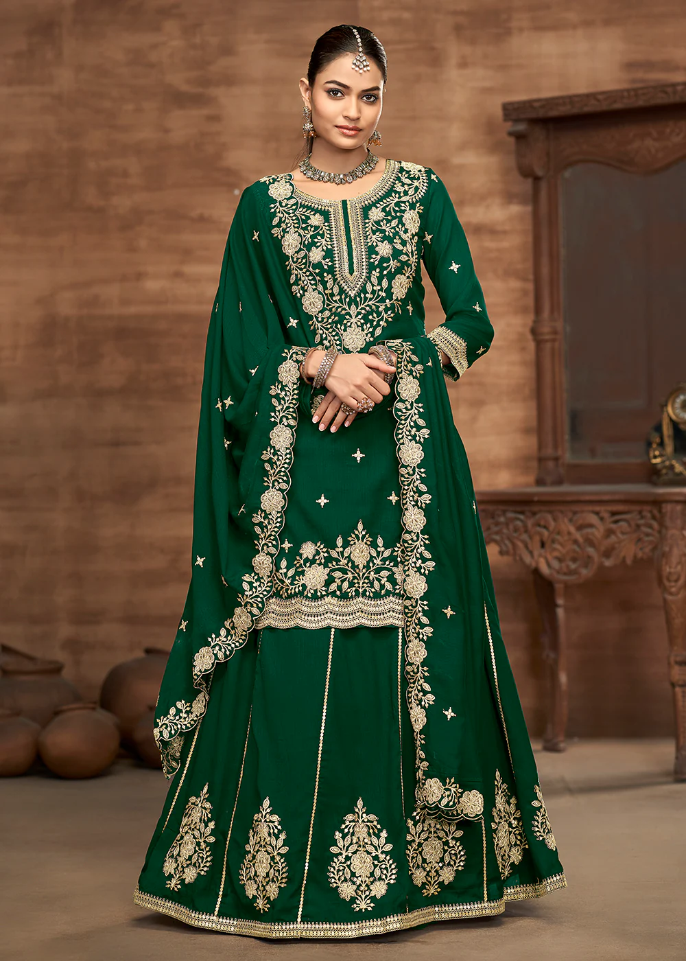 Green Kurti Style Embroidered Silk Lehenga Style Suit - Image 4