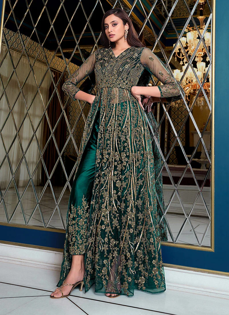 Green Lehenga Style Sequins Embroidered Anarkali Suit - Image 3