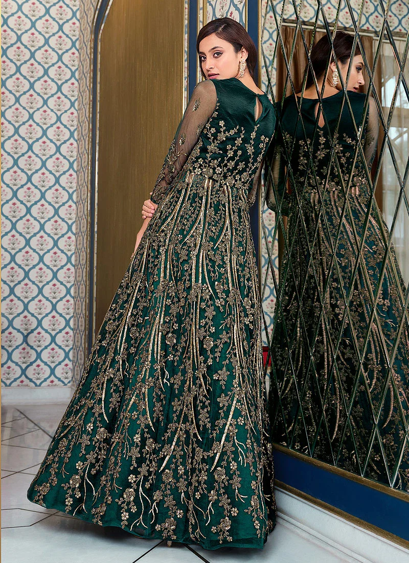 Green Lehenga Style Sequins Embroidered Anarkali Suit - Image 4