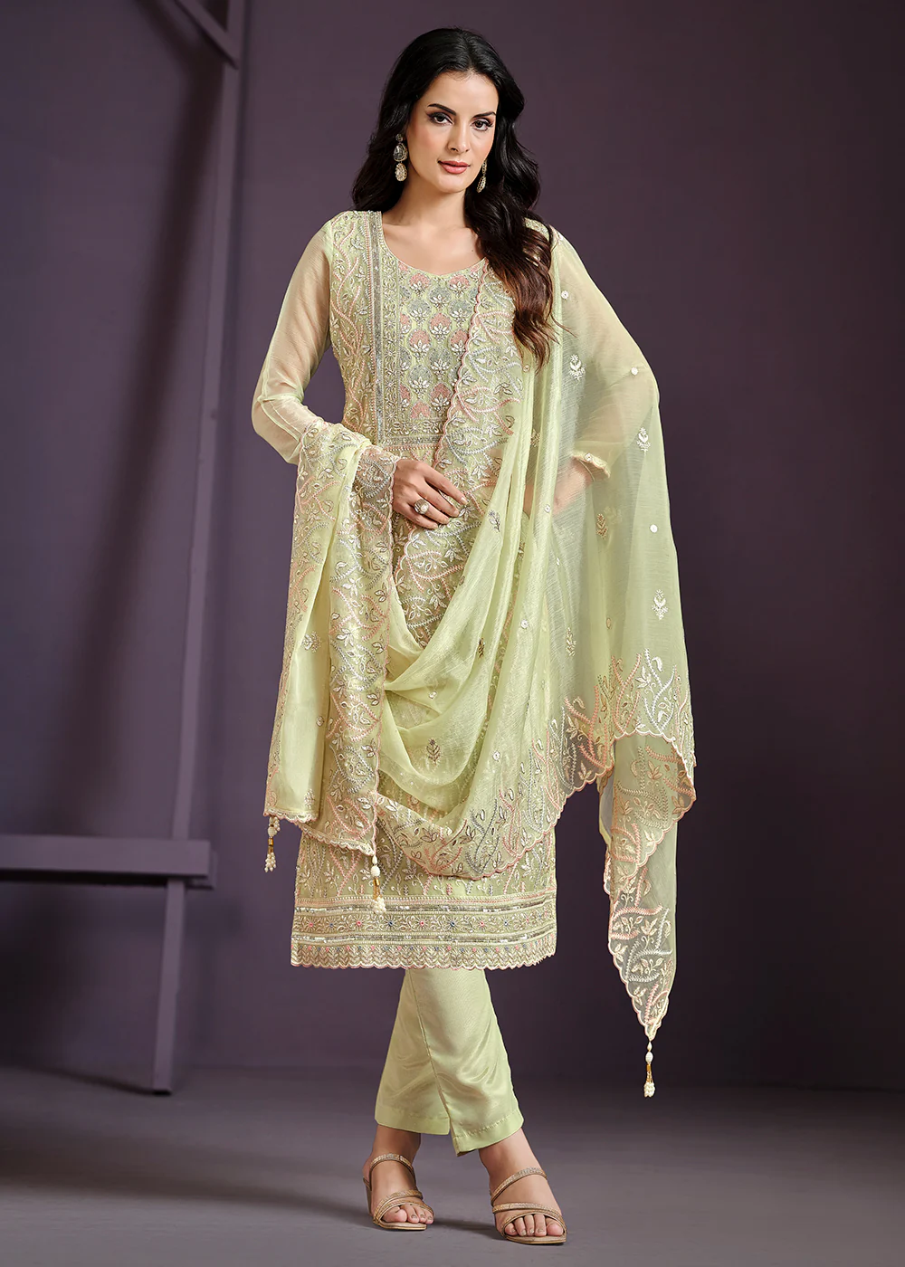 Green Lucknowi Embroidered Chiffon Festive Salwar Suit