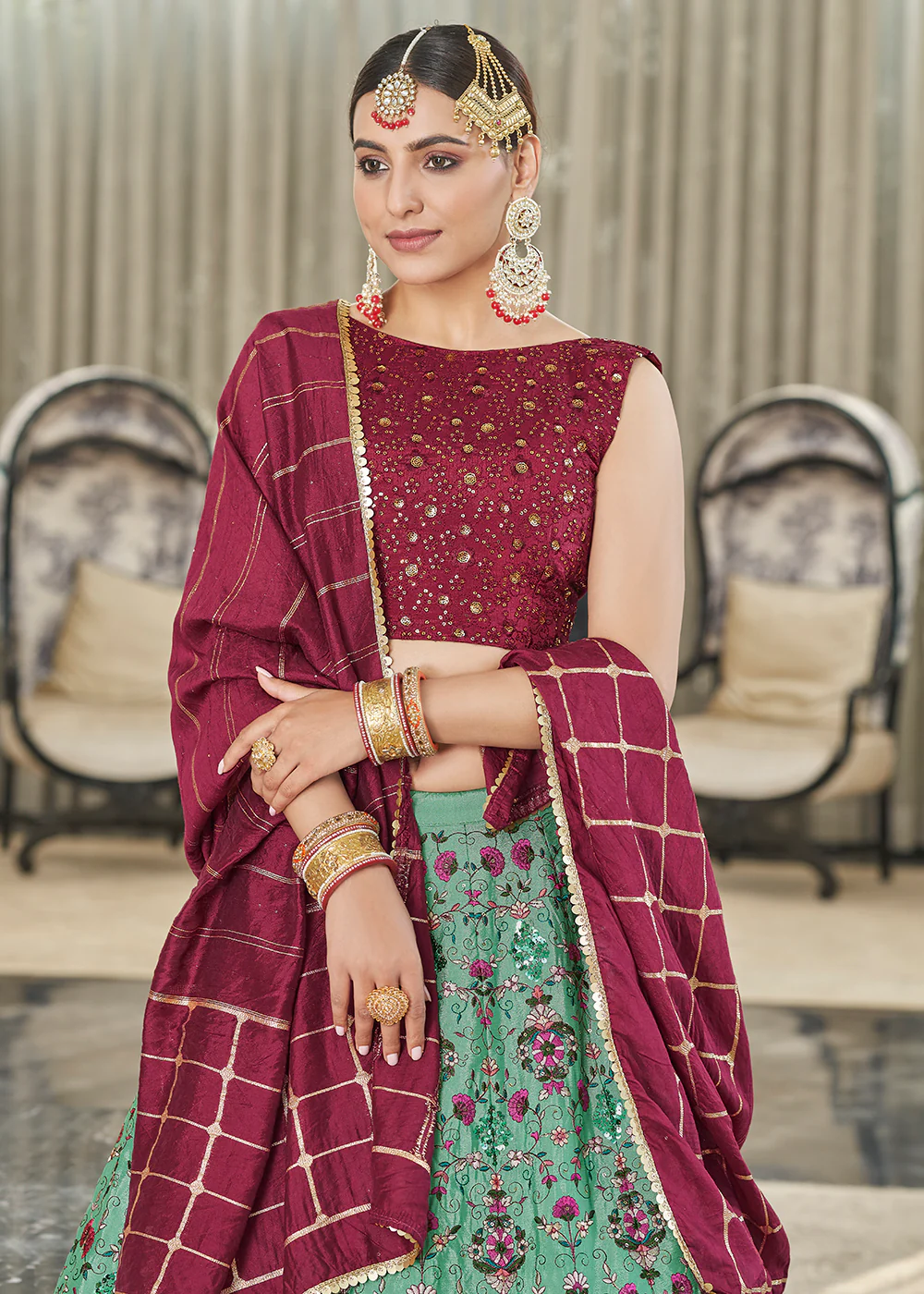 Green & Maroon Multi Sequins & Thread Wedding A Line Lehenga - Image 2