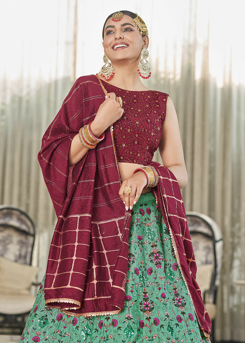 Green & Maroon Multi Sequins & Thread Wedding A Line Lehenga - Image 3