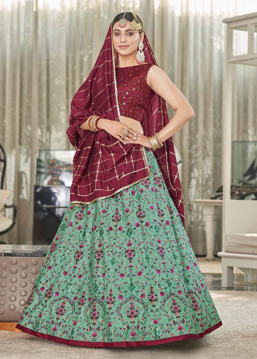Green & Maroon Multi Sequins & Thread Wedding A Line Lehenga - Image 4