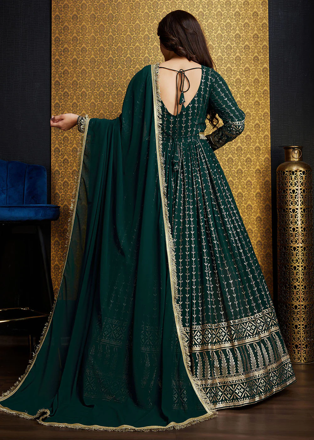 Green Metalic Foil Work Embroidered Wedding Wear Gown - Image 3
