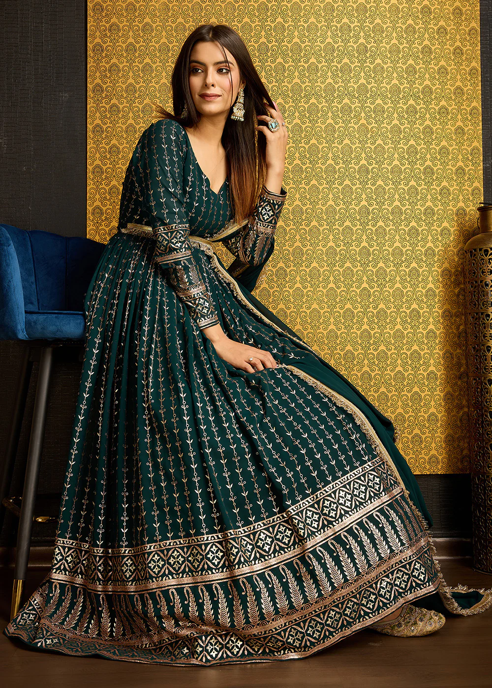 Green Metalic Foil Work Embroidered Wedding Wear Gown - Image 4