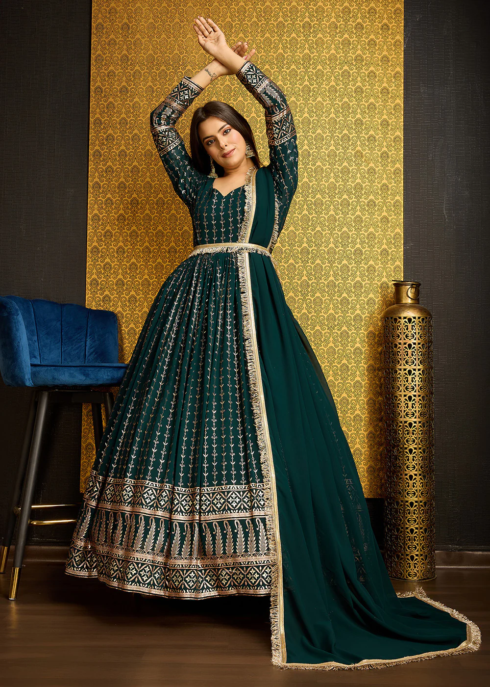 Green Metalic Foil Work Embroidered Wedding Wear Gown - Image 5