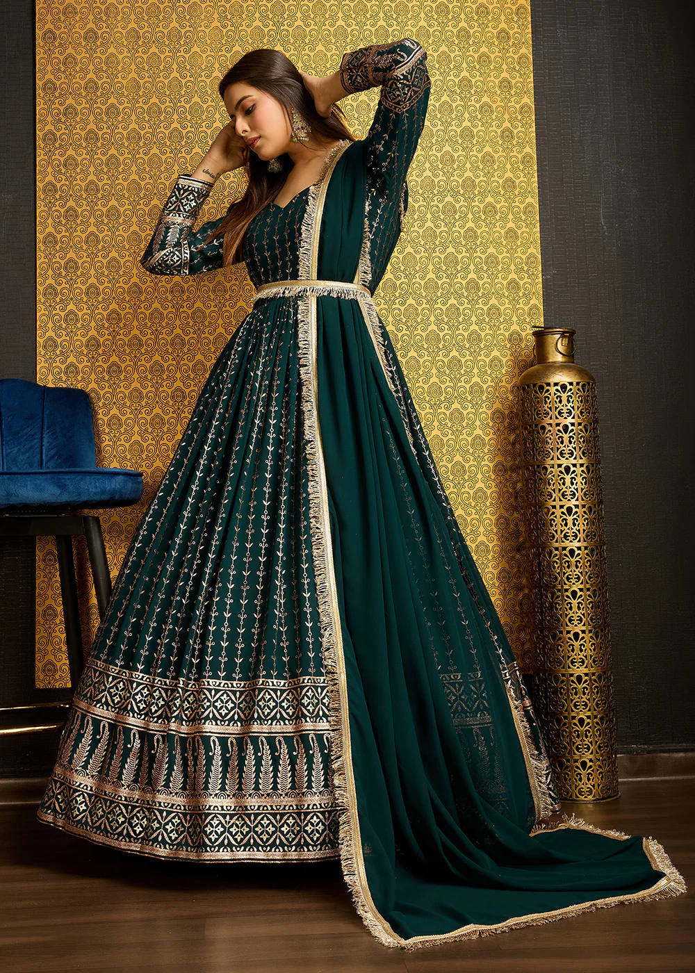 Green Metalic Foil Work Embroidered Wedding Wear Gown - Image 6