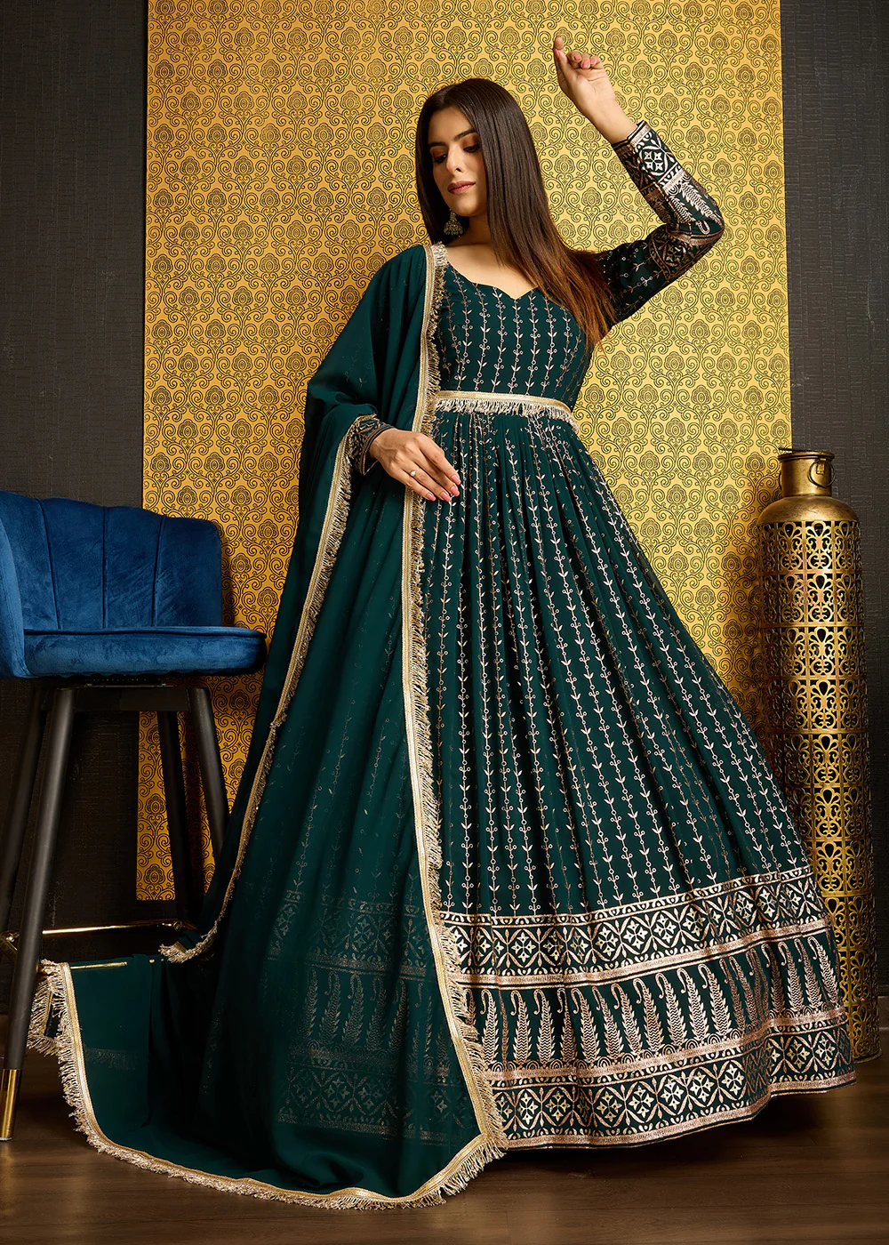 Green Metalic Foil Work Embroidered Wedding Wear Gown - Image 7