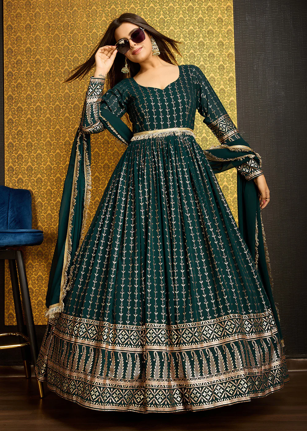 Green Metalic Foil Work Embroidered Wedding Wear Gown - Image 8