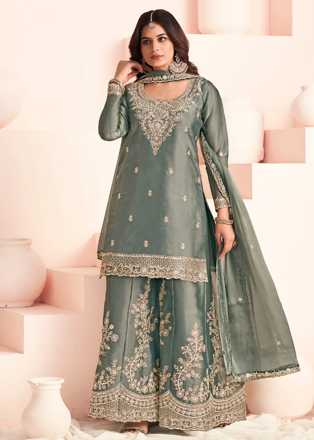 Green Moss Silk Embroidered Palazzo Style Suit